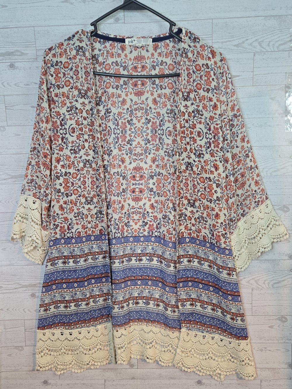 Jolt Boho Floral Crochet Trim Kimono - Multi Sz M